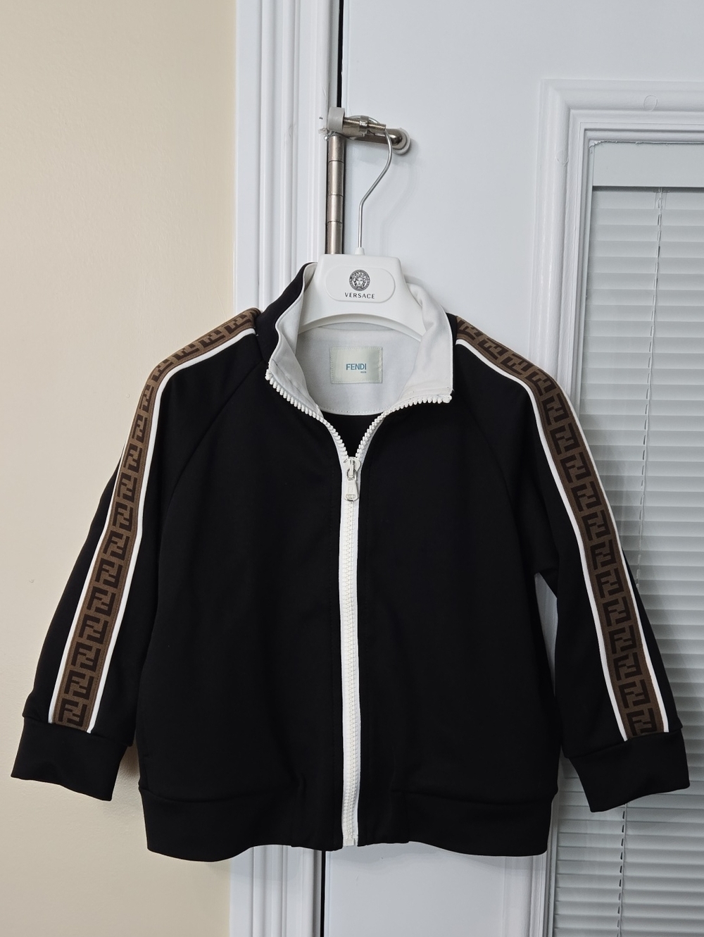 Fendi Black Jacket with Brown FF Logo Tape and White Trim Boys